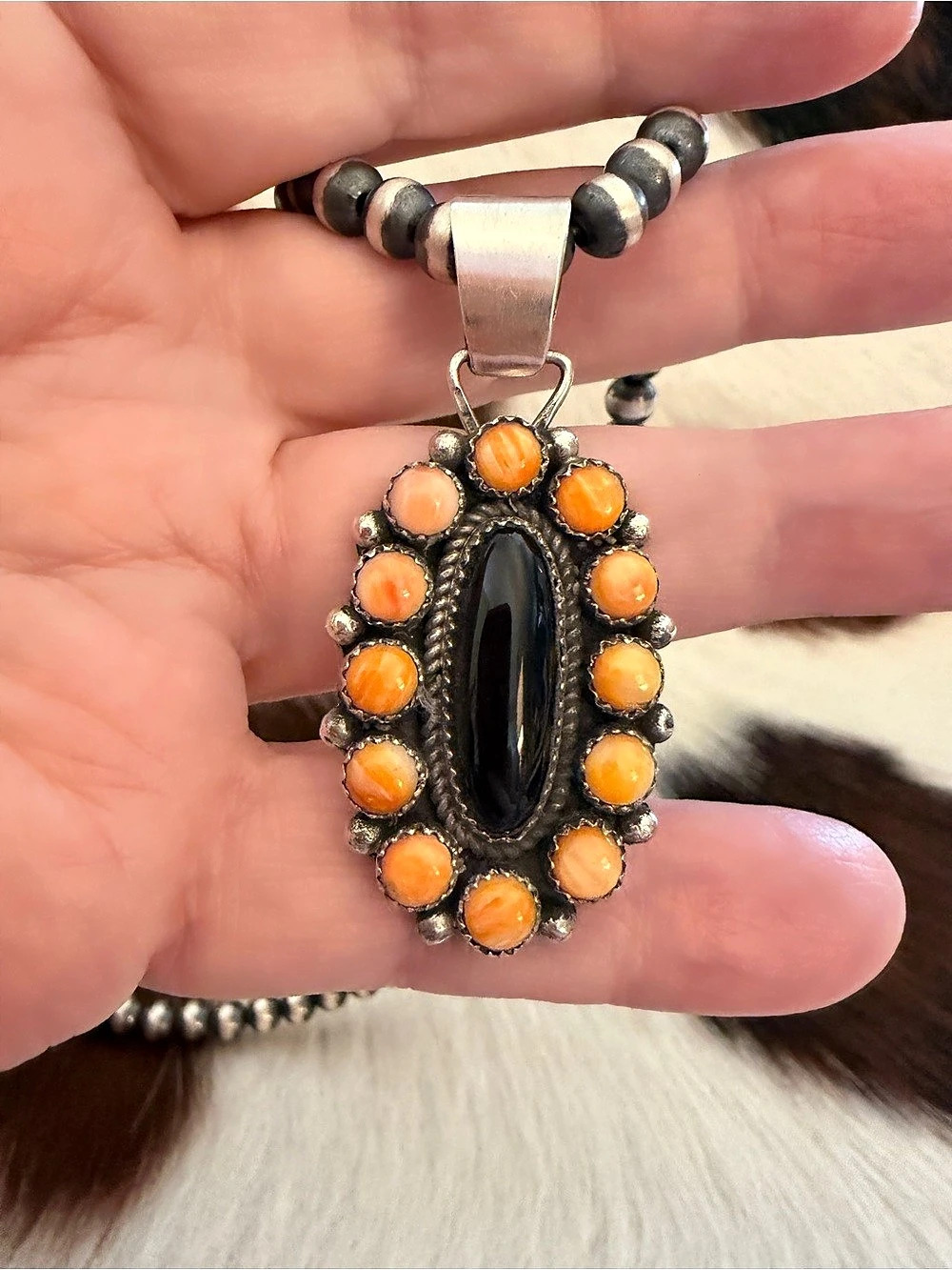 Ella Spencer Navajo 240 Pendant Sterling Silver Black & Orange Pendant Necklace